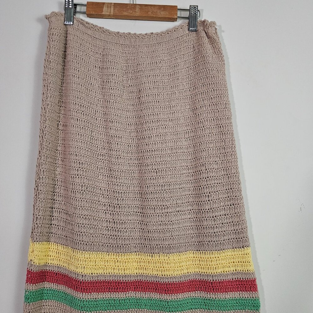 Free People Crochet Knit Skirt Medium Tan Midi Boho Coastal Beach Festival - Picture 3 of 12